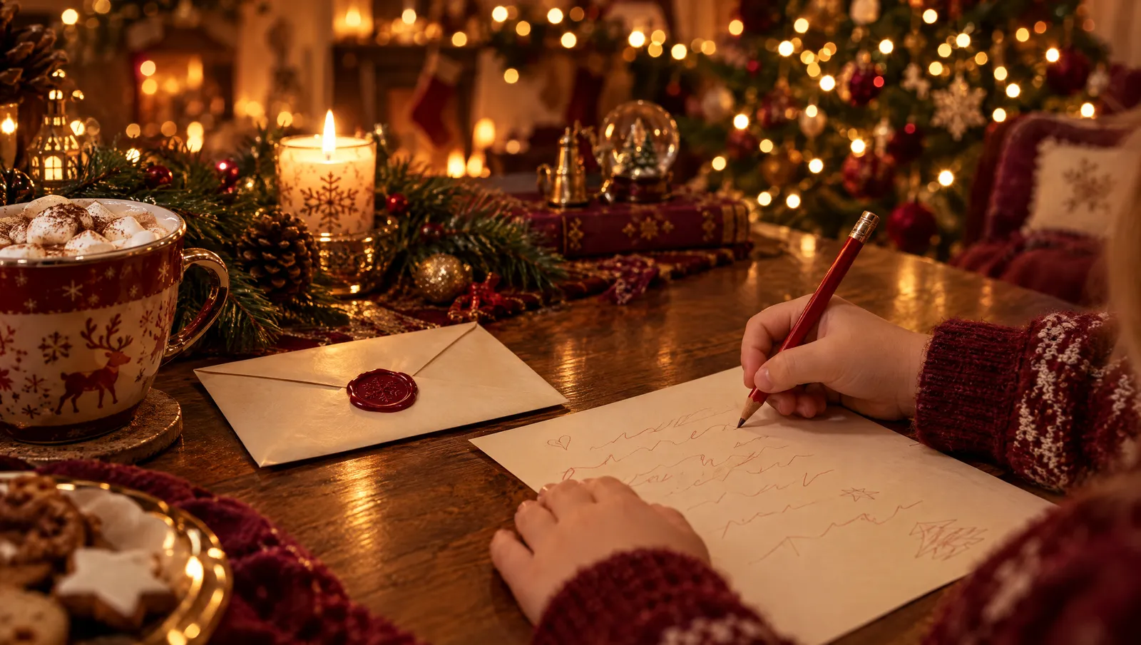 Dziecko pisze list do Świętego Mikołaja przy choince